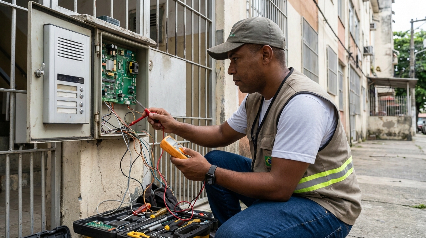 Eletricista consertando interfone em Carapicuíba‑SP
