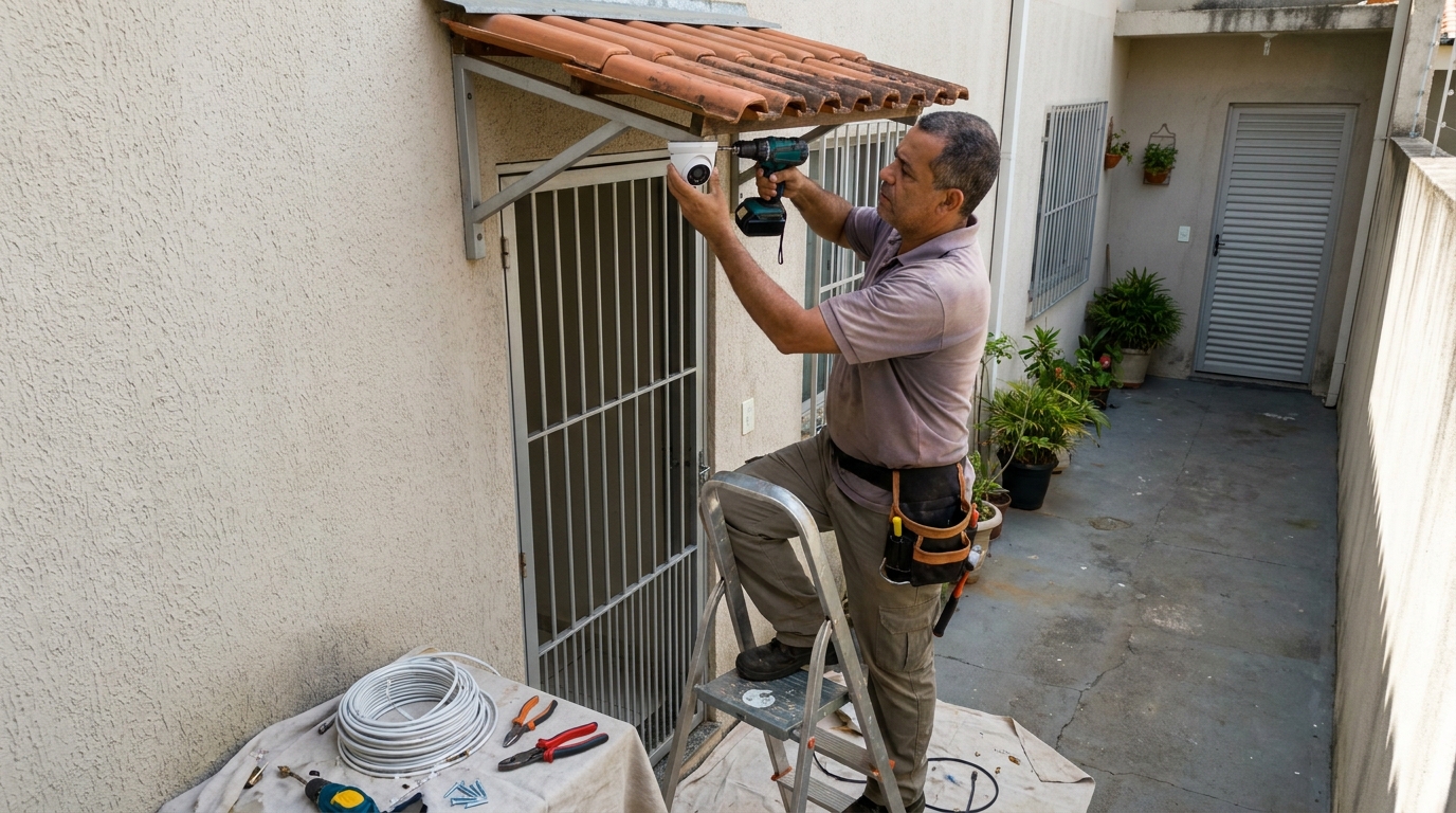 Eletricista instalando cameras de seguranca em Carapicuíba‑SP