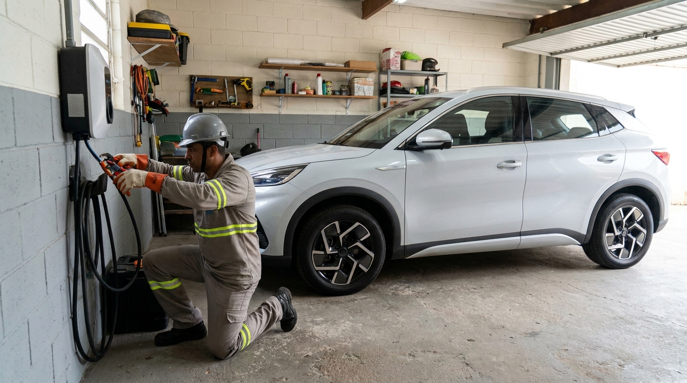 Eletricista instalando carregador de carro eletrico em Carapicuíba‑SP