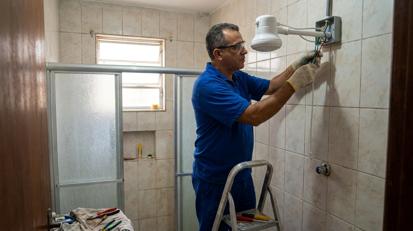 Eletricista instalando chuveiro eletrico em Carapicuíba‑SP