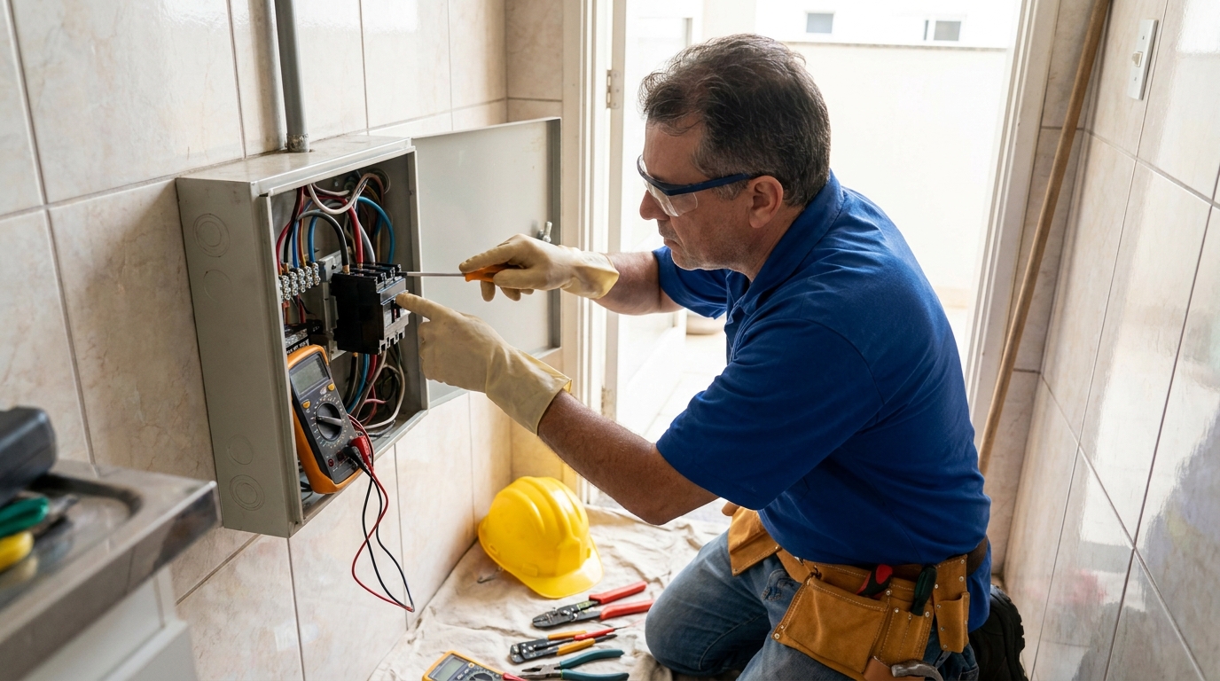 Eletricista instalando disjuntor em Carapicuíba‑SP