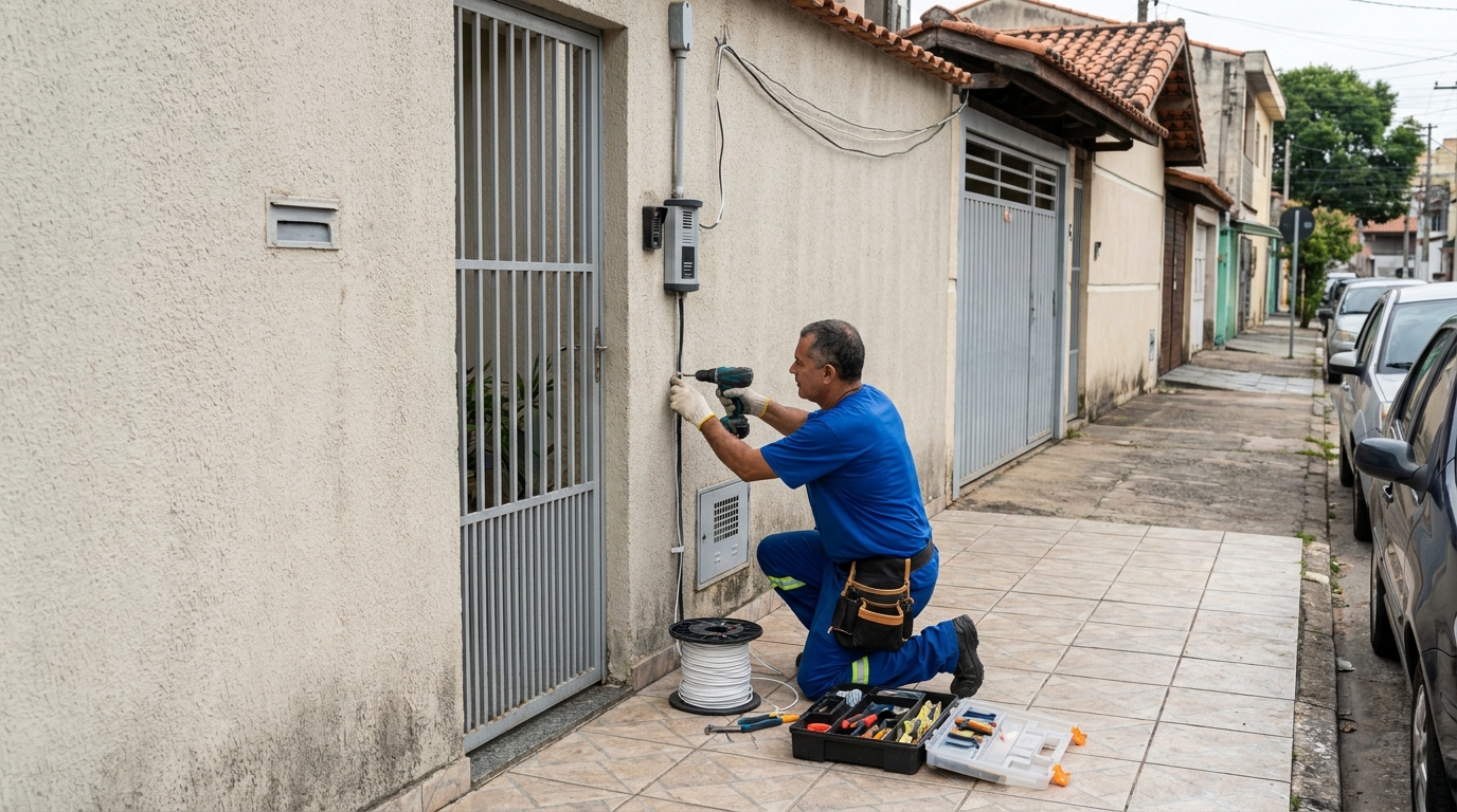 Eletricista instalando interfone em Carapicuíba‑SP