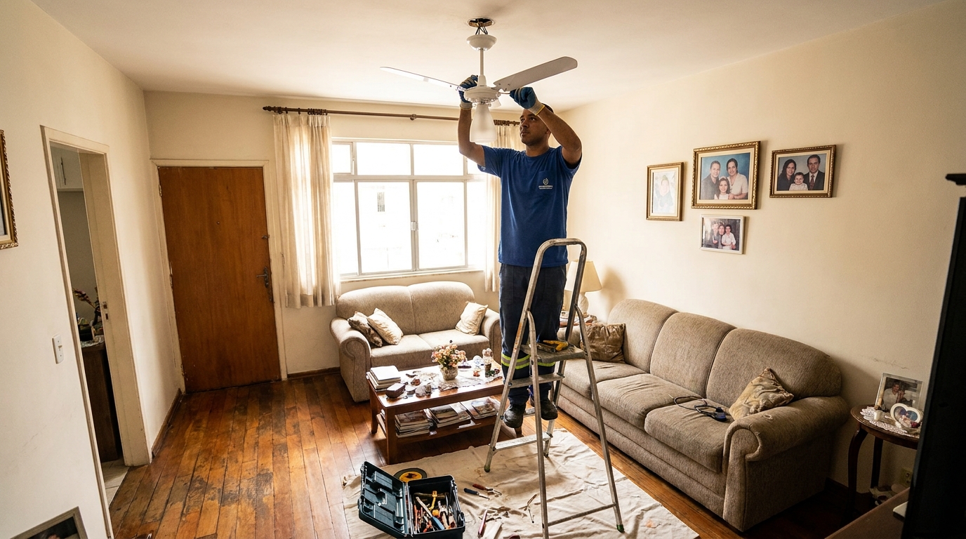 Eletricista instalando ventilador de teto em Carapicuíba‑SP