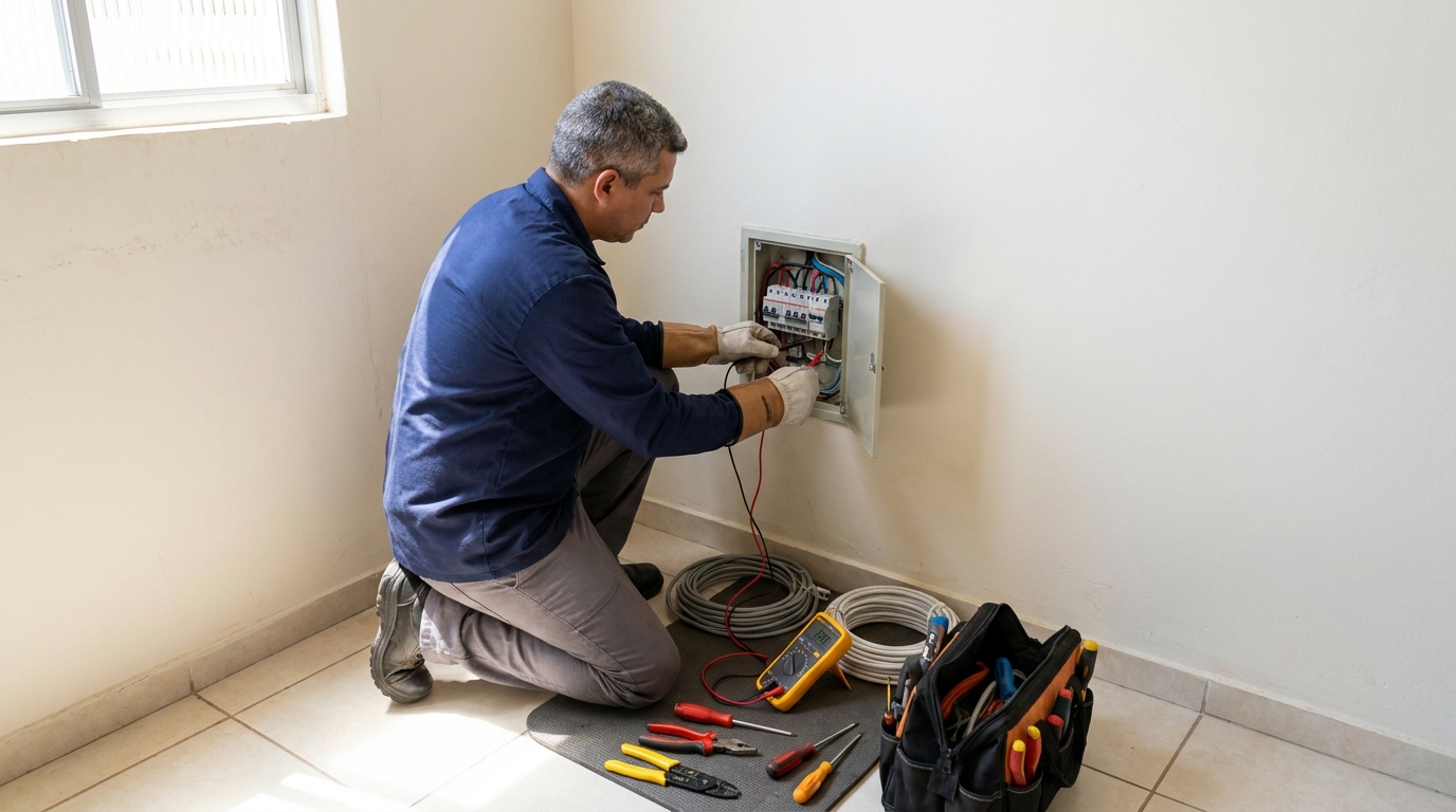 Eletricista realizando manutencao em Carapicuíba‑SP